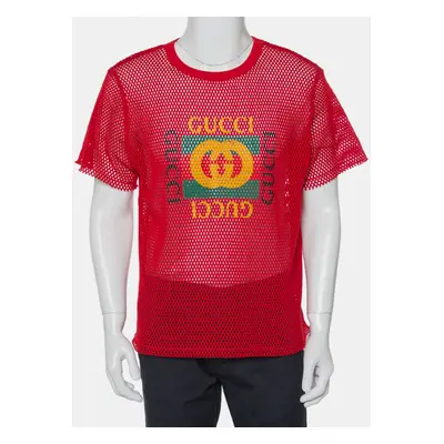 Gucci Red Mesh Logo Printed Crewneck T-Shirt