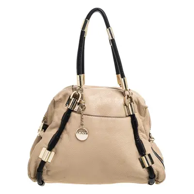 DKNY Beige/Black Leather Metal Detail Satchel