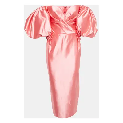 Rosario Pink Satin Puff Sleeves Corset Midi Dress