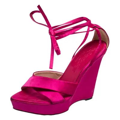 Saint Laurent Pink Satin Wedge Ankle Wrap Sandals Size