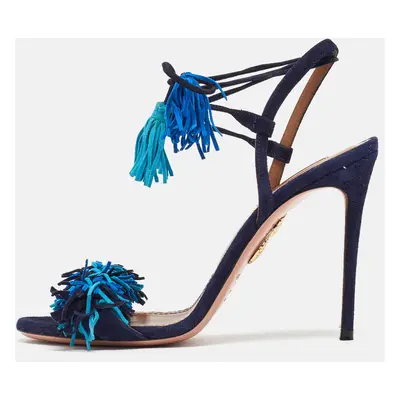 Aquazzura Blue Suede Wild Thing Fringe Ankle Strap Sandals Size