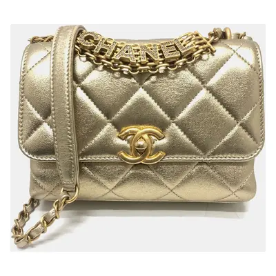 Chanel Gold Quilted Lambskin Mini Crystal Logo Letters Chain Handle Flap Bag