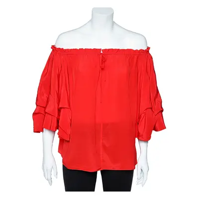 Diane von Furstenberg Red Silk Off Shoulder Ruffled Top