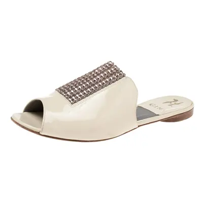 Gina Cream Patent Leather Crystal Embellished Slide Sandals Size