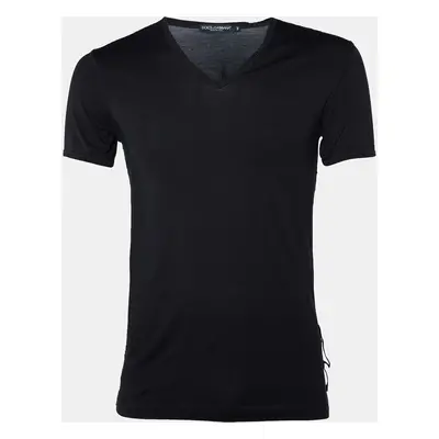 Dolce & Gabbana Black Cotton Knit Overlock V-Neck T-Shirt