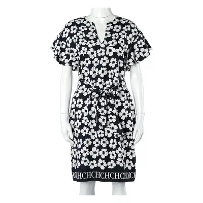 CH Carolina Herrera Navy Blue Floral Print Silk & Linen Belted Dress