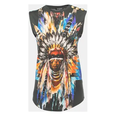 Balmain Dark Green Indian Tribal Print Cotton & Modal Tank Top