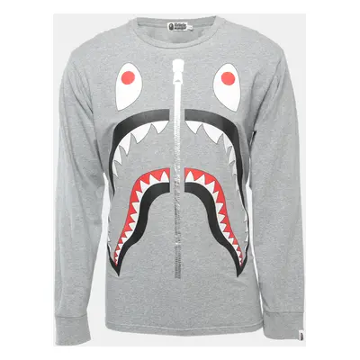 A Bathing Ape Grey Shark Print Cotton Crew Neck Long Sleeve T-Shirt