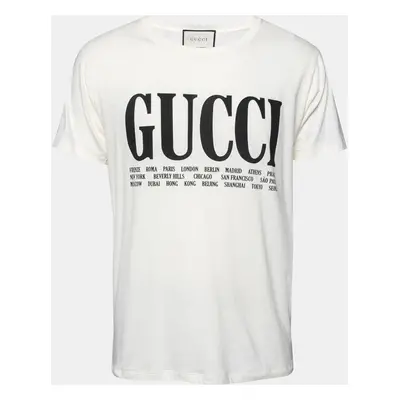 Gucci Cream Cotton Logo and Cities Printed Crewneck Short Sleeves T-Shirt