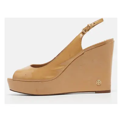 Tory Burch Beige Patent Leather Slingback Wedge Sandals Size 38.5