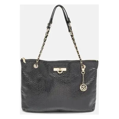 DKNY Black Leather Charm Chain Tote