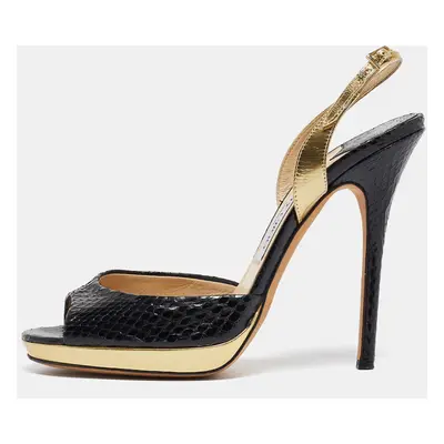 Jimmy Choo Black/Gold Python and Leather Platform Slingback Sandals Size