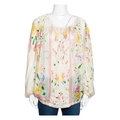 Roberto Cavalli Cream Floral Print Silk Sheer Kaftan Top