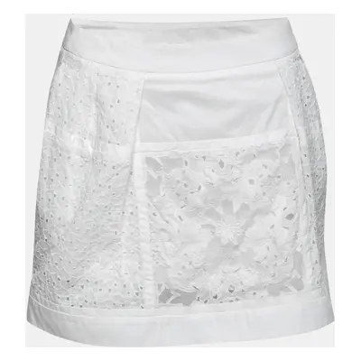 Roberto Cavalli White Broderie Anglaise Cotton Lace Paneled Mini Skirt