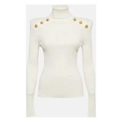 Balmain White Rib Knit Structured Shoulders Turtleneck Sweater