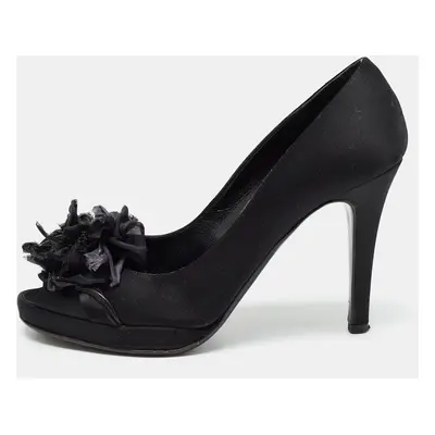 Valentino Black Satin Peep Toe Platform Pumps Size 37.5