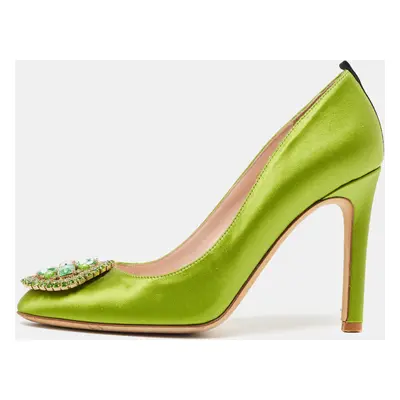 SJP Sarah Jessica Parker Green Satin Crystal Embellished Pumps Size