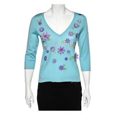 Moschino Cheap and Chic Blue Wool Floral Applique V-Neck Sweater