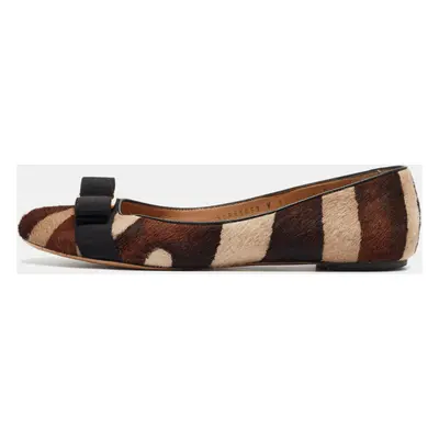 Salvatore Ferragamo Brown/Beige Printed Calf Hair Varina Ballet Flats Size