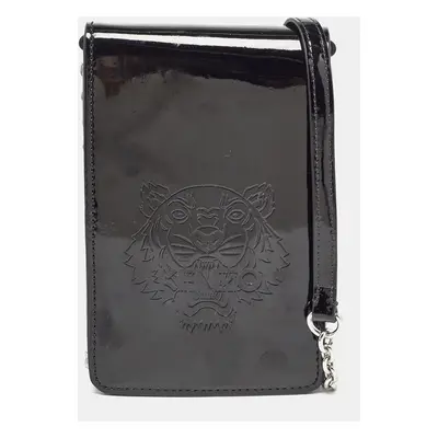 Kenzo Black Tiger Head Embossed Patent Leather Flap Crossbody Bag