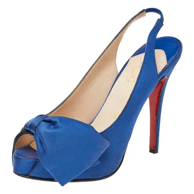 Christian Louboutin Blue Satin Bow Platform Slingback Sandals Size 37.5