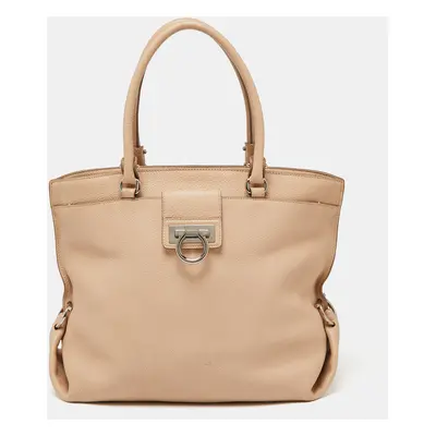 Salvatore Ferragamo Beige Pebbled Leather Dotty Tote