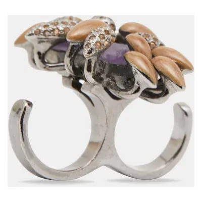 Roberto Cavalli Gunmetal Tone Crystal & Stone Double Finger Ring Size EU