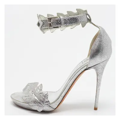 Alexander McQueen Metallic Silver Textured Leather Ivy Leaf Embellished Open Toe Sandals Size 36