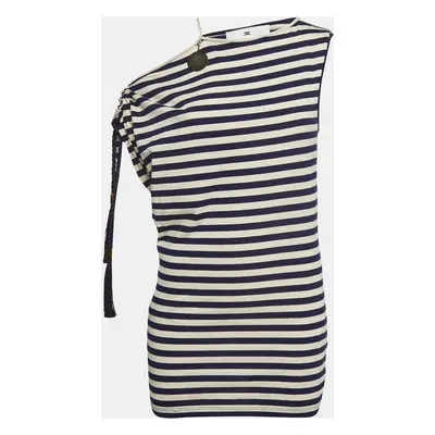 Elisabetta Franchi Blue Marine Stripe Jersey Asymmetric Sleeve Top