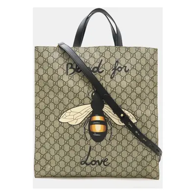 Gucci PVC Leather Khaki Beige Black GG Supreme Bee Tote Bag