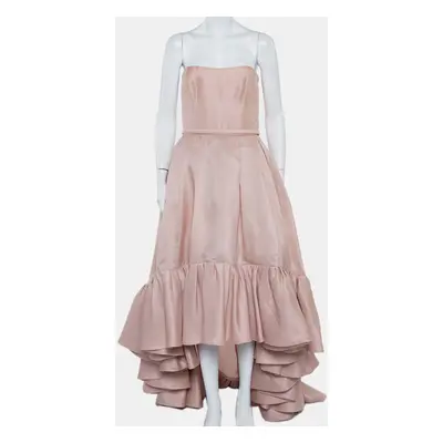 Reem Acra Pink Silk Ruffled Asymmetric Hem Strapless Gown