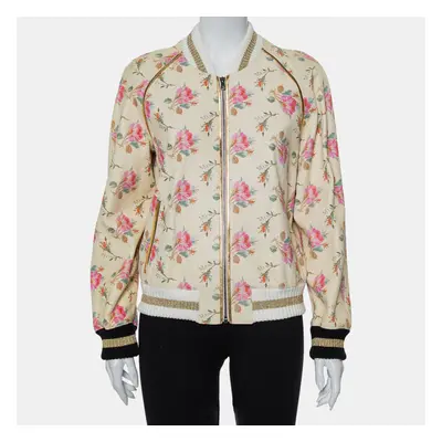 Gucci Cream Floral Printed Leather Contrast Trim Detail Bomber Jacket