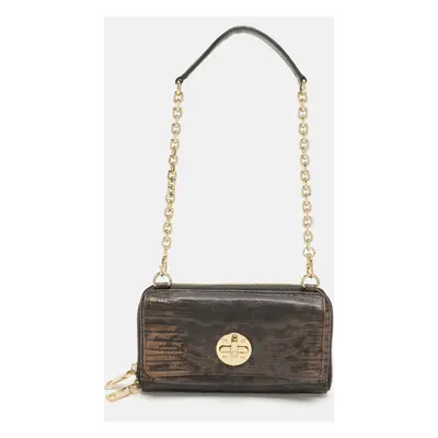 Dkny Brown Lizard Embossed Leather Chain Clutch