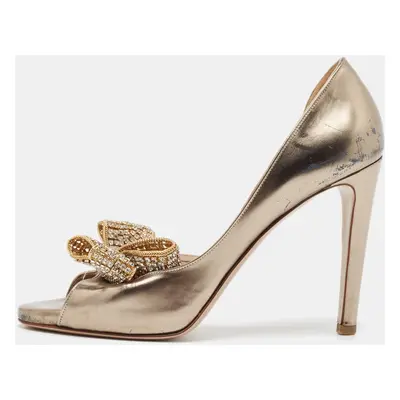 Valentino Metallic Leather Crystal Embellished Bow D'orsay Pumps Size 37.5