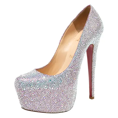 Christian Louboutin Pink/Silver Crystal Embellished Suede Daffodile Platform Pumps Size