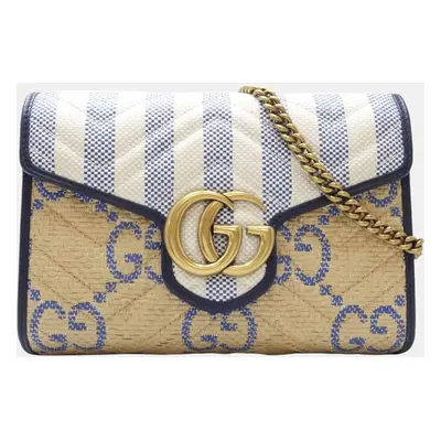 Gucci Beige Blue Leather x Raffia GG Marmont Chain Wallet