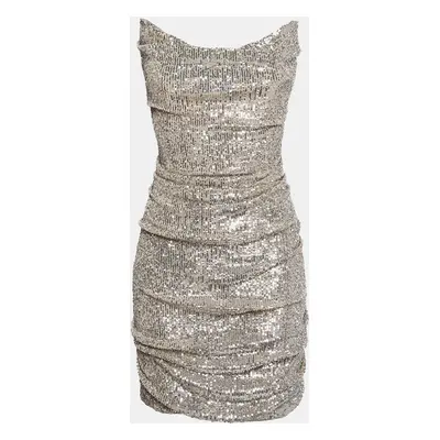 Reem Acra Silver Sequin Ruche Strapless Mini Dress