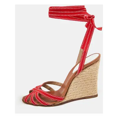 Christian Louboutin Red Fabric Wedge Espadrille Ankle Wrap Sandals Size