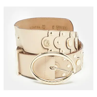 Versace Beige Leather Studded Oval Buckle Belt 90CM