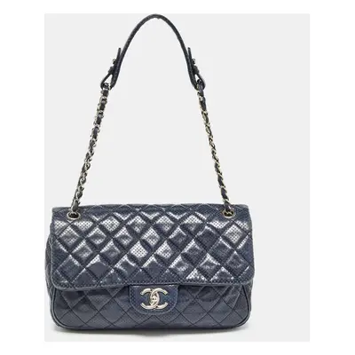 Chanel Navy Blue Perforated Leather Punch Flap Bag