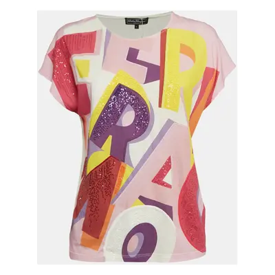 Salvatore Ferragamo Pink Printed Jersey Sequin Detail T-Shirt