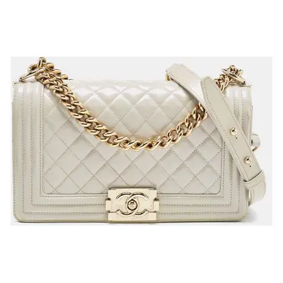 Chanel Pearl White Quilted Patent Leather Medium Boy Flap Bag