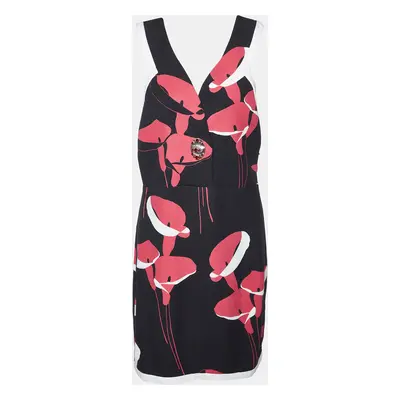 Miu Miu Black Floral Print Cady Turn Lock Detail Sleeveless Dress