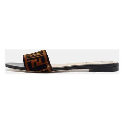 Fendi Brown Zucca Velvet Flat Slides Size 40.5