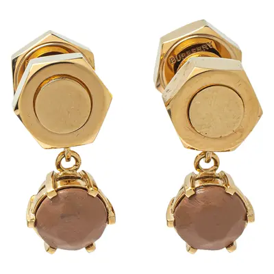 Burberry Gold Plated Leather Inlay Nut & Bolt Drop Earrings