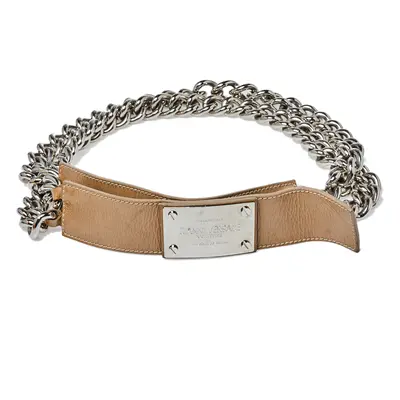 Versace Beige Patent Leather and Chain Logo Plaque Belt 85CM