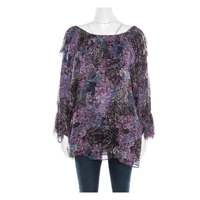 Catherine Malandrino Multicolor Printed Silk Frayed Neck Detail Long Sleeve Blouse