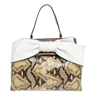 Valentino Black/Beige Python Print Raffia and Patent Leather Aphrodite Bow Bag