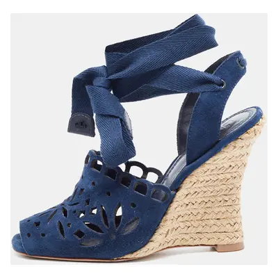 Tory Burch Navy Blue Laser Cut Suede Ankle Tie Wedge Sandals Size 36.5