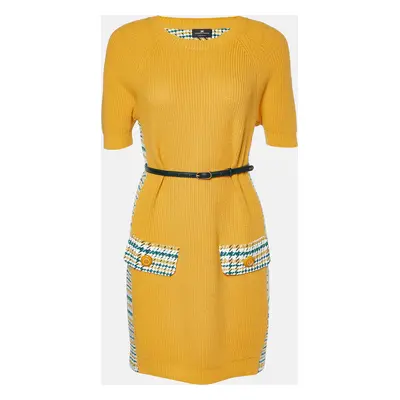 Elisabetta Franchi Yellow Houndstooth Knit Belted Dress